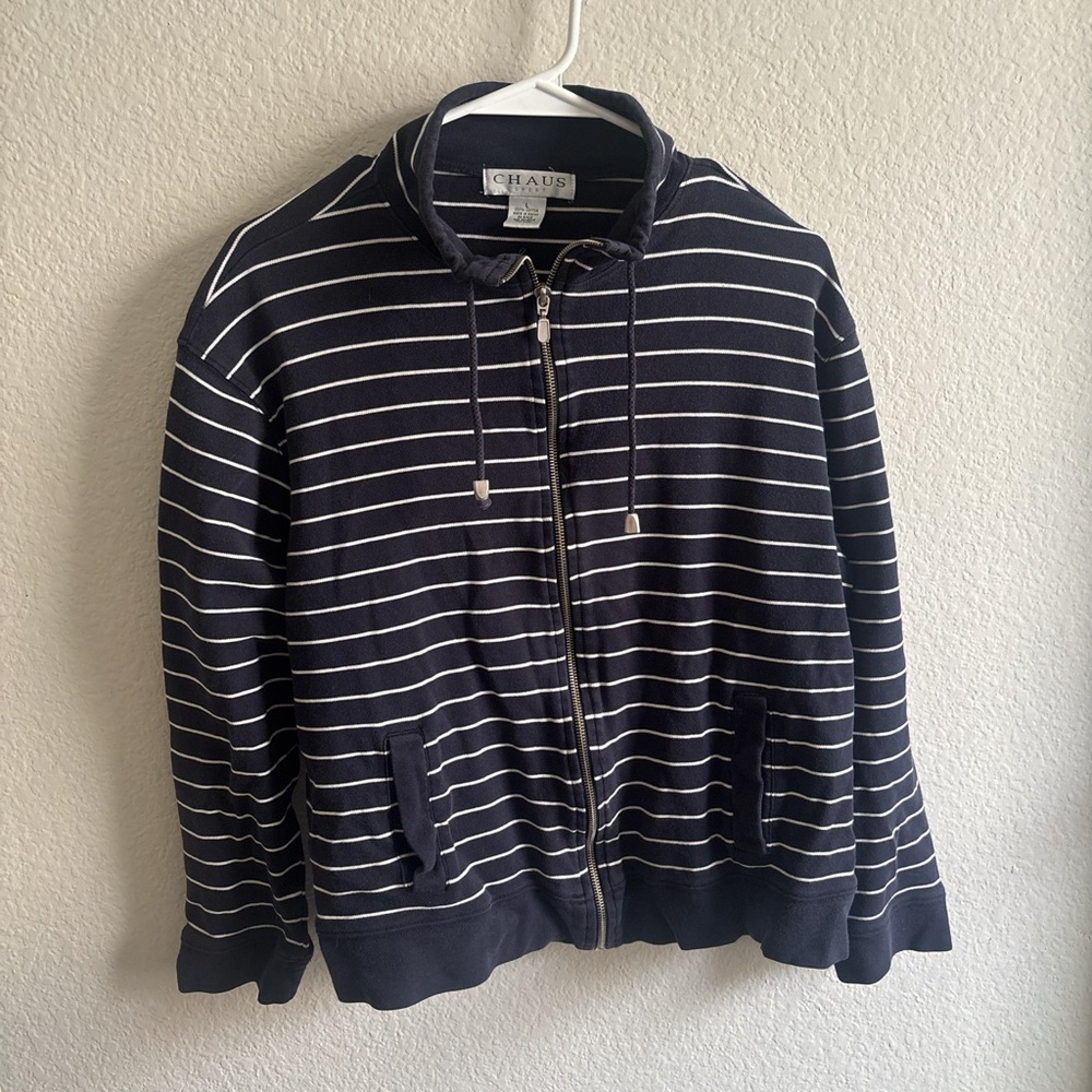 Chaus Sport Navy and White Striped Zip-Up